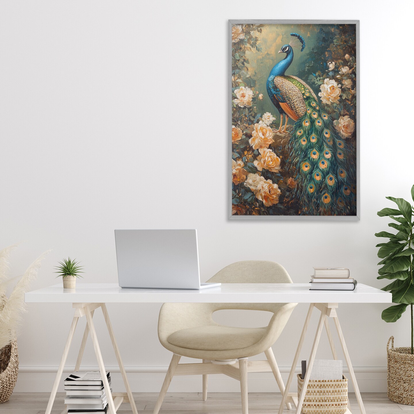 Stupell Industries Blue Morris Inspired Peacock Framed Giclee, design by Petal Prints Design