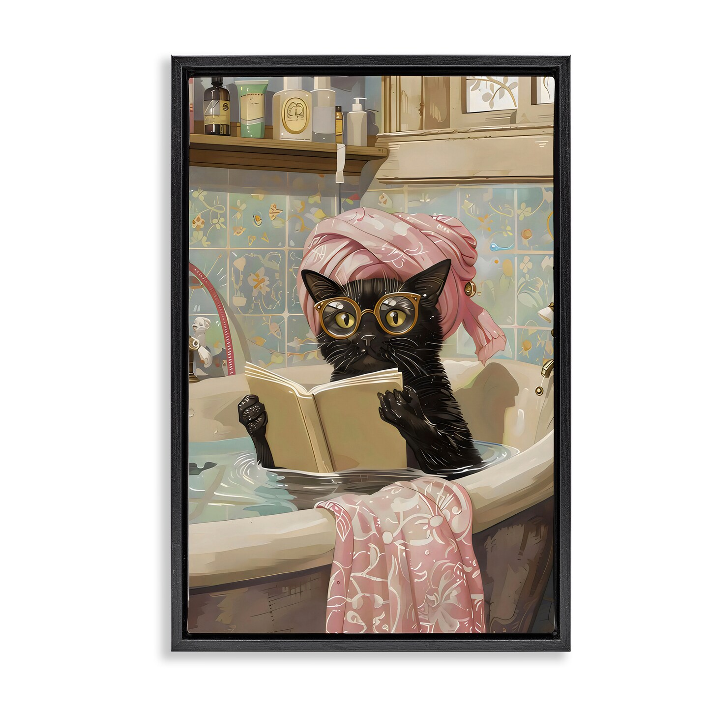 Stupell Industries Kitty Care Bathtub Reading Floating Frame, design by LSR Design Studio