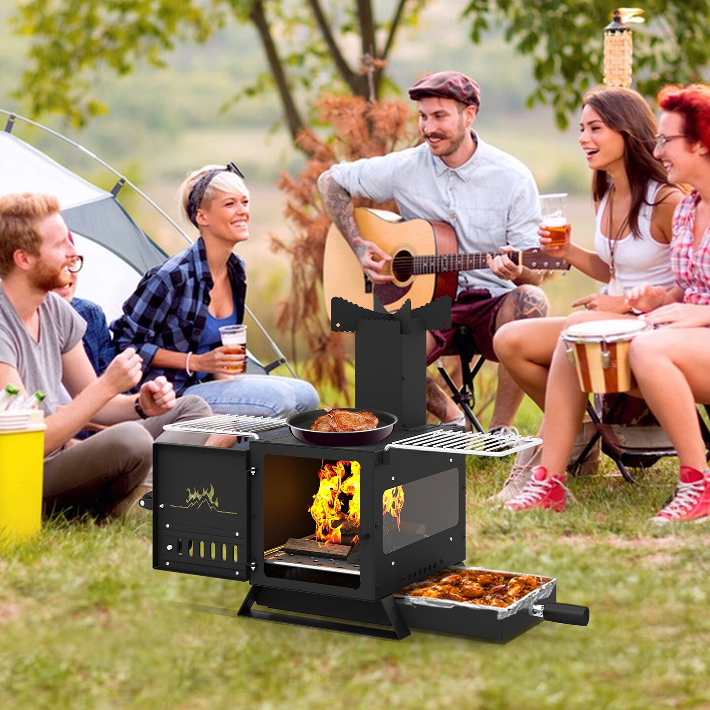 Portable Wood Burning Stove with Oven & Side Grills Outdoor Camping Cooking Stove for Backyard Use
