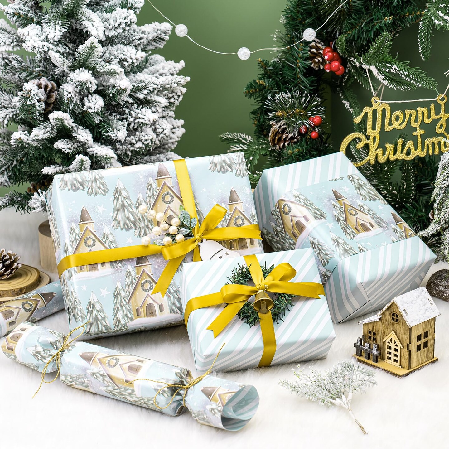 Reversible Christmas Wrapping Paper - Mini Roll - 17 Inch X 33 Feet - Silver and White Christmas Tree and House Printed on Pearlized Paper for Holidays