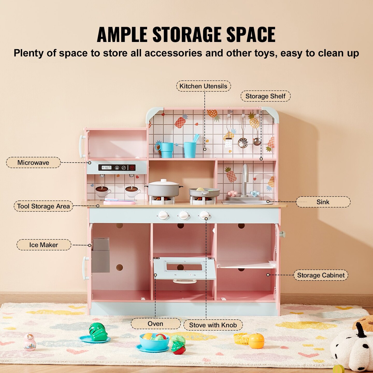 Wooden Play Kitchen for Kids with Lights and Sounds Toy Kitchen Set