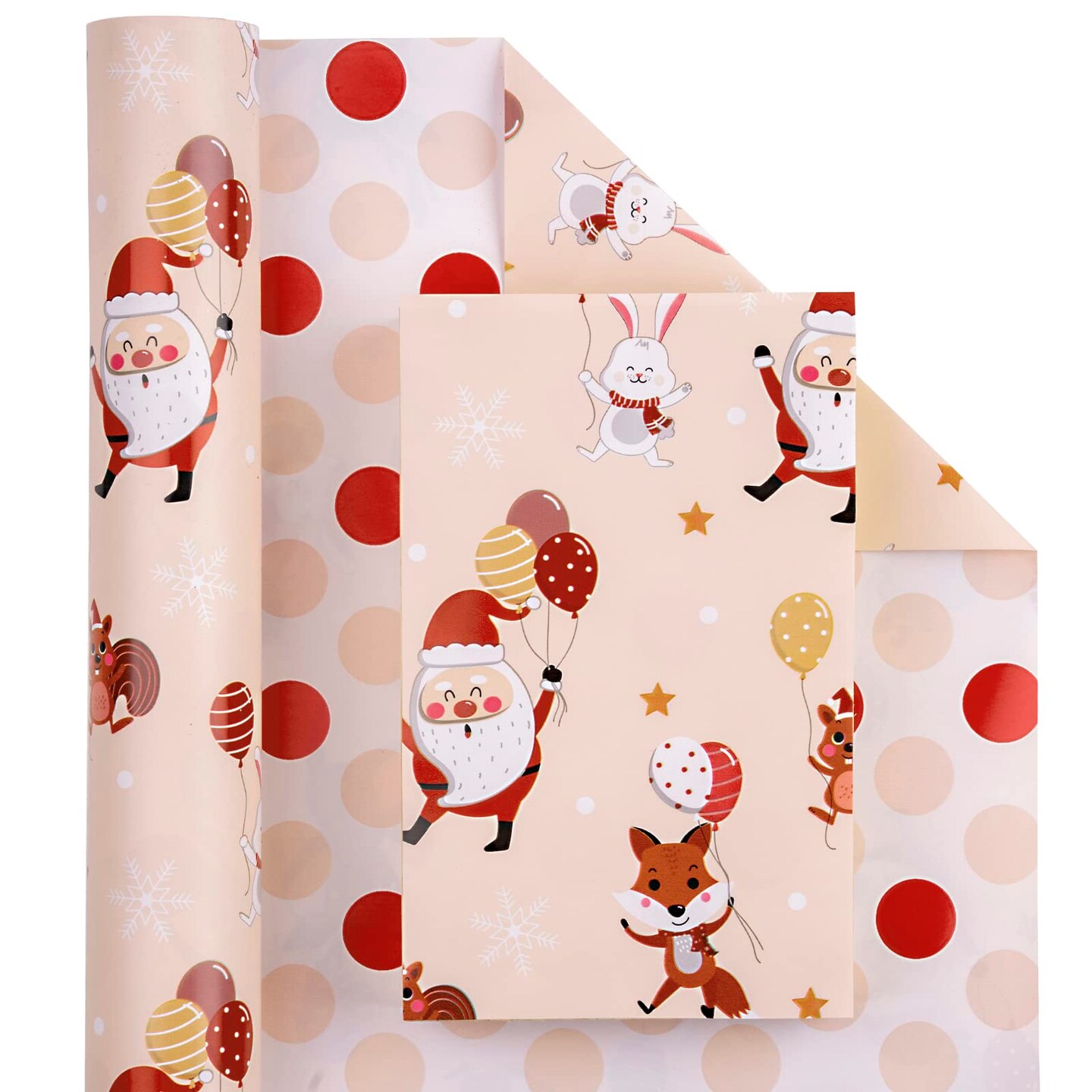 Reversible Christmas Wrapping Paper - Mini Roll - 17 Inch x 33 Feet - Red and Pink Dancing Santa Claus Reindeer and Colorful Polka Dots Design for Christmas, Holiday, Party