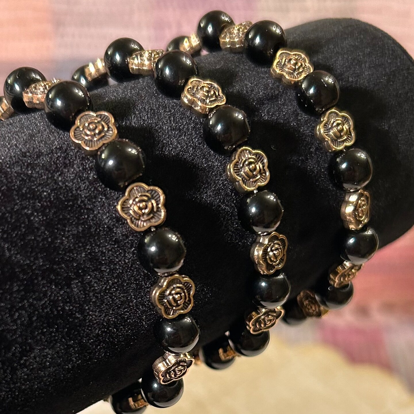 Antique Gold Roses and Black Agate Natural Stone Beaded Wrap