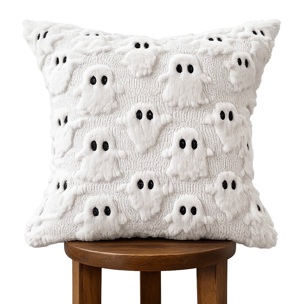 Michaels, 18” White Faux Fur Ghost Pillow Cover with Hidden Zipper – Category: Halloween Pillows & Blankets