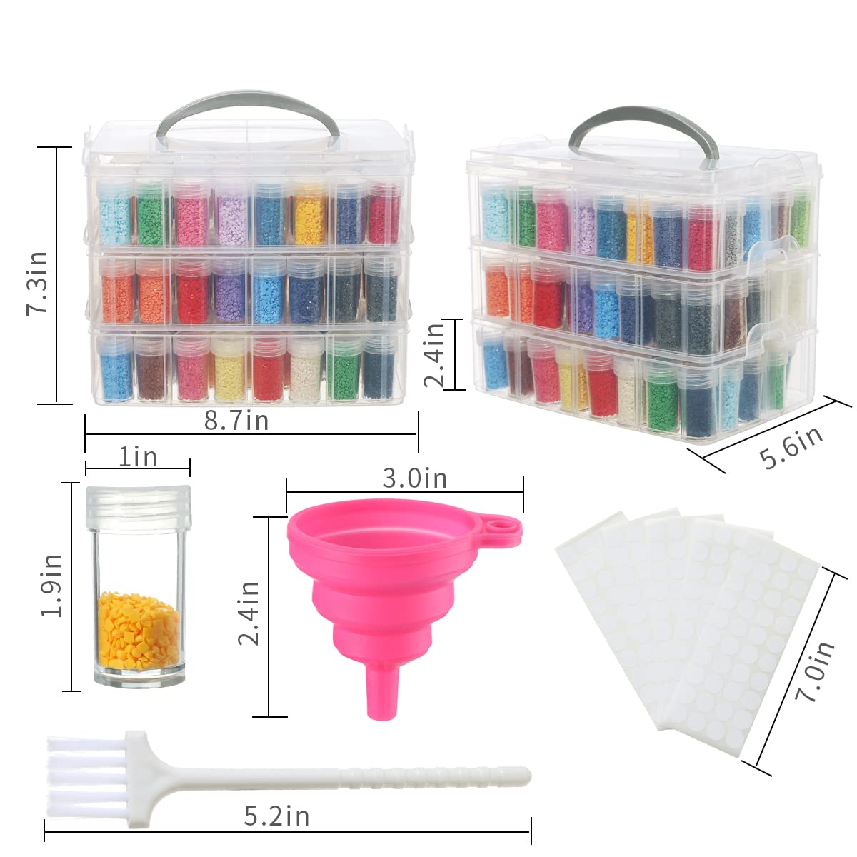 3-Tier Diamond Painting Storage Containers Portable Bead Organizer and Storage Box Stackable Arts & Crafts Organizers for Nail Charms Seed, 132 Round, Funnel, Stickers