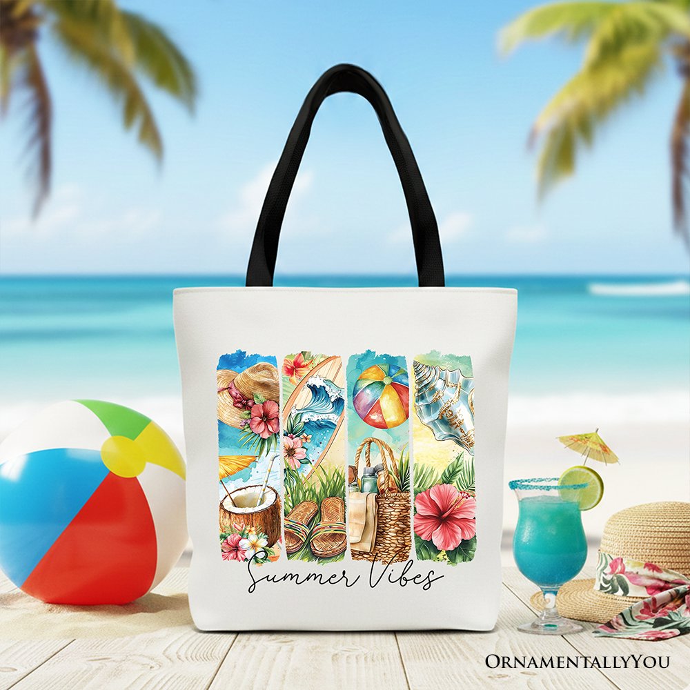 Summer Vibes Canvas Tote Bag, Beach Gift Shopper with Coconut and Flowers