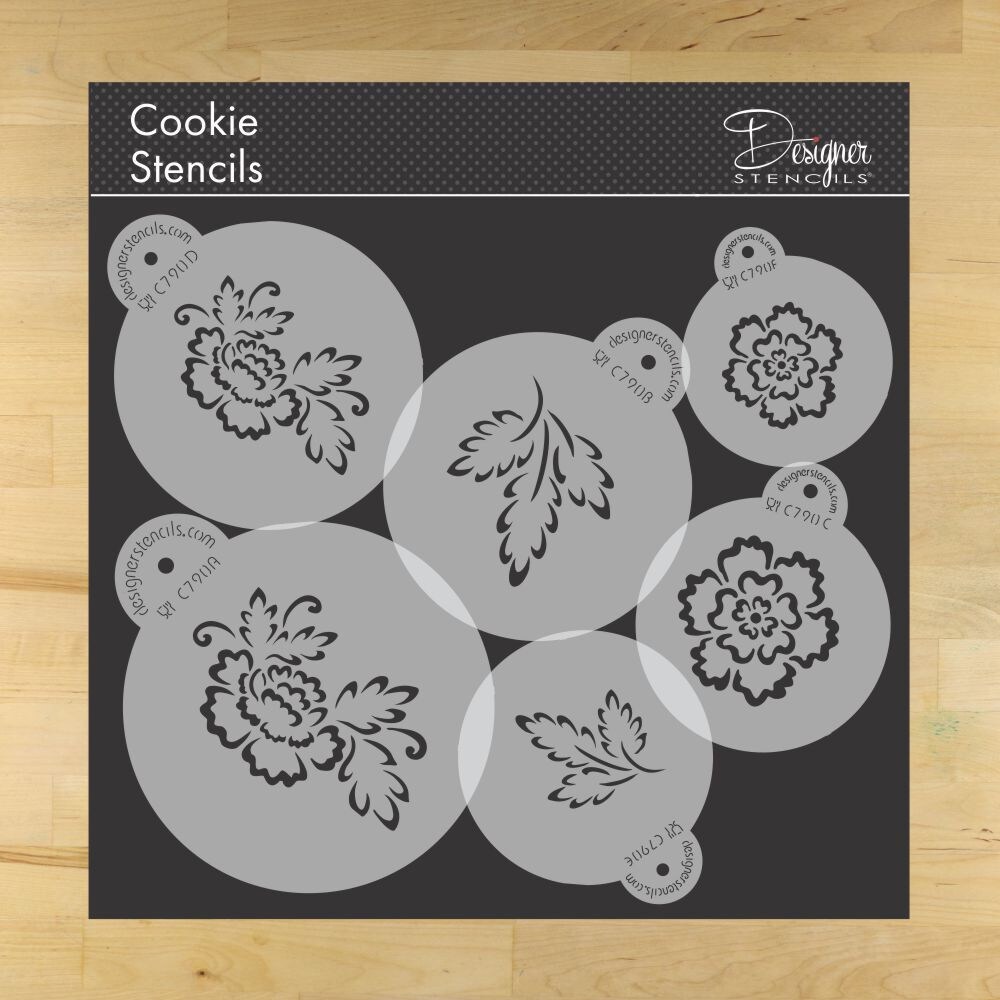 Brush Embroidery Flower Cookie Stencil Set | C790 by Designer Stencils | Cookie Decorating Tools | Baking Stencils for Royal Icing, Airbrush, Dusting Powder | Reusable Plastic Food Grade Stencil for Cookies | Easy to Use & Clean Cookie Stencil