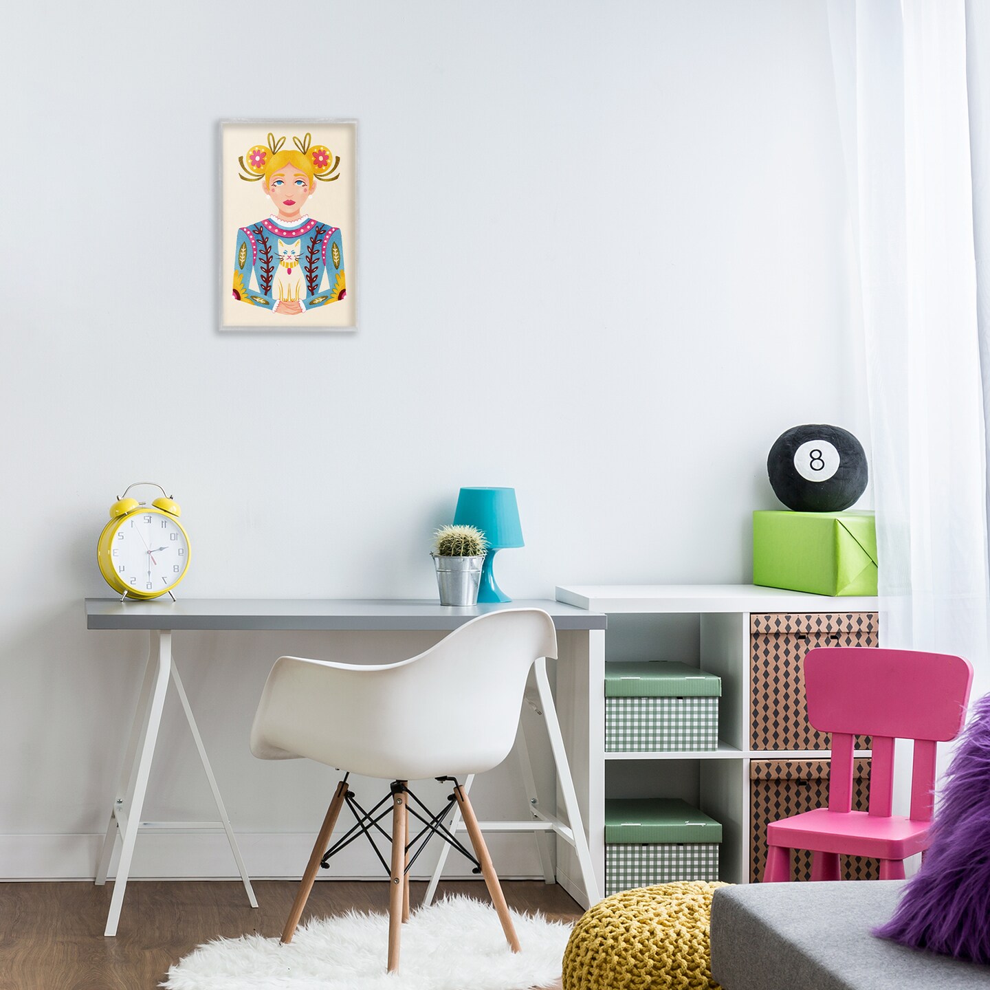 Stupell Industries Blonde Folk Girl with Cat Framed Giclee Design by Hannah Moren