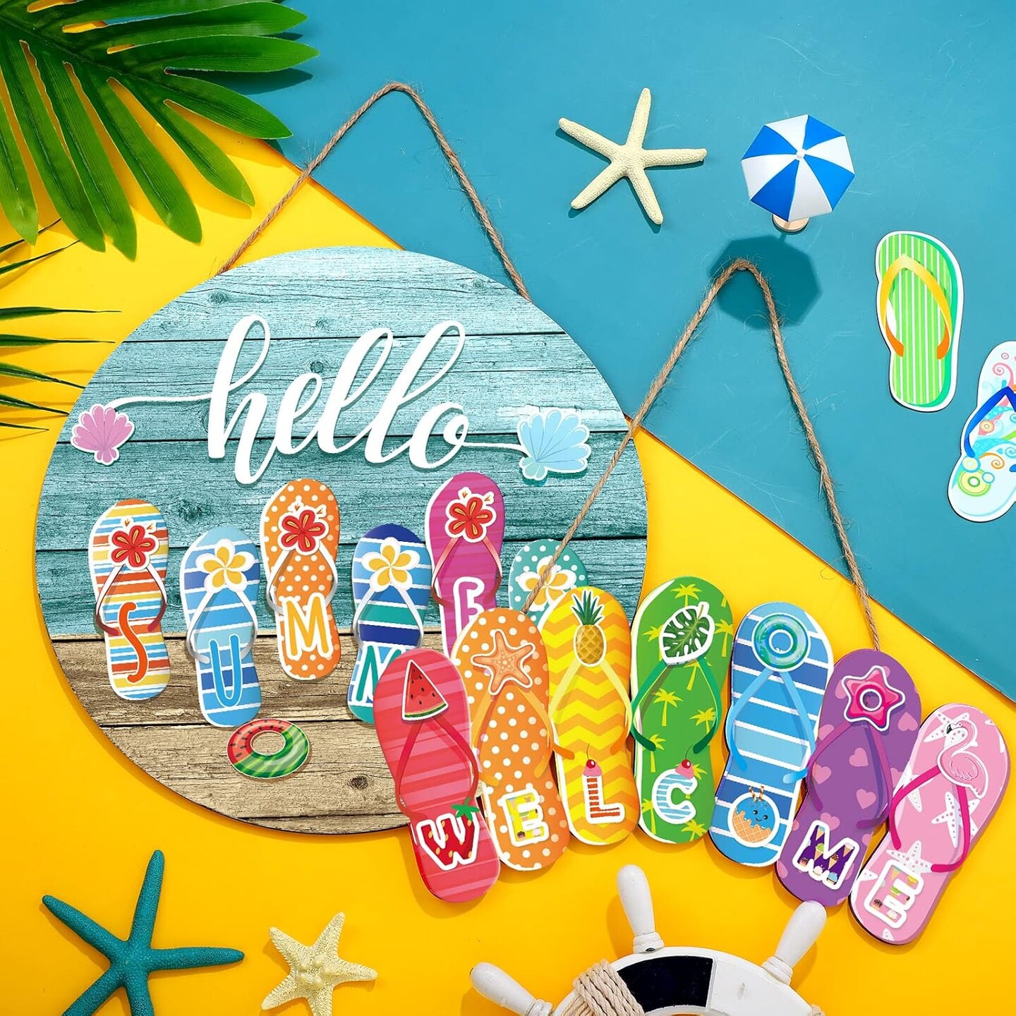 2 Pcs Hello Summer Slippers Hanging Sign Flip Flop Welcome Door Decor Rustic Summer Wall Decor for Door Indoor Yard Outdoor Garden Decoration with Rope