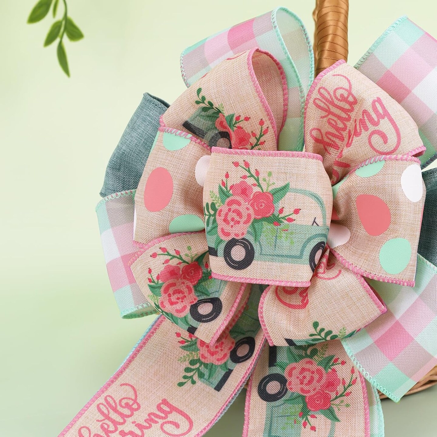 Spring Ribbon Wired 4 Rolls 2.5 Inch x 24 Yards TTL, Blue Car and Floral Ribbon with Plaid and Polka Dot Printed