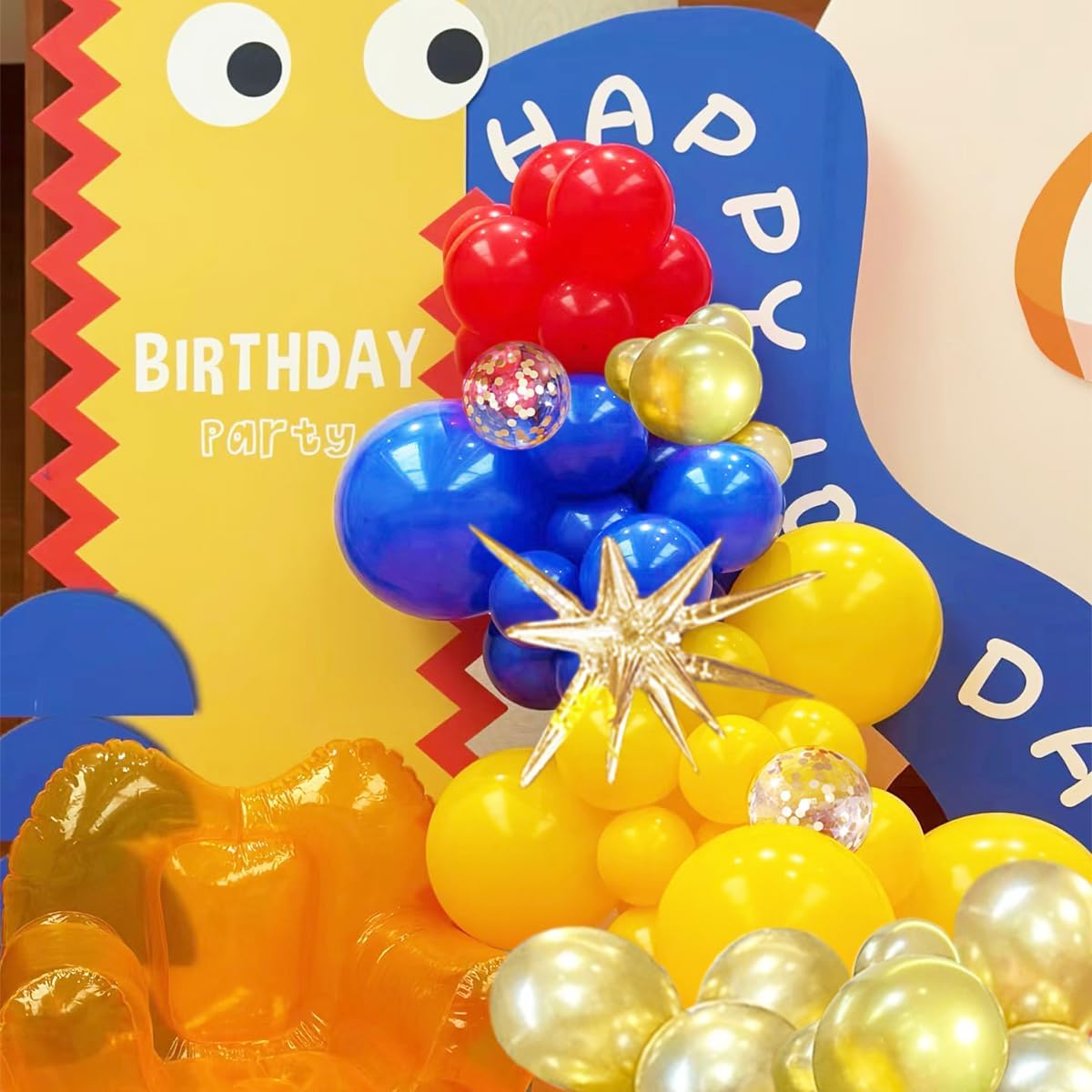 Blue Yellow Red and Gold Balloon Arch Kit, 156Pcs Latex Baloons Garland with 4D Star Balloons