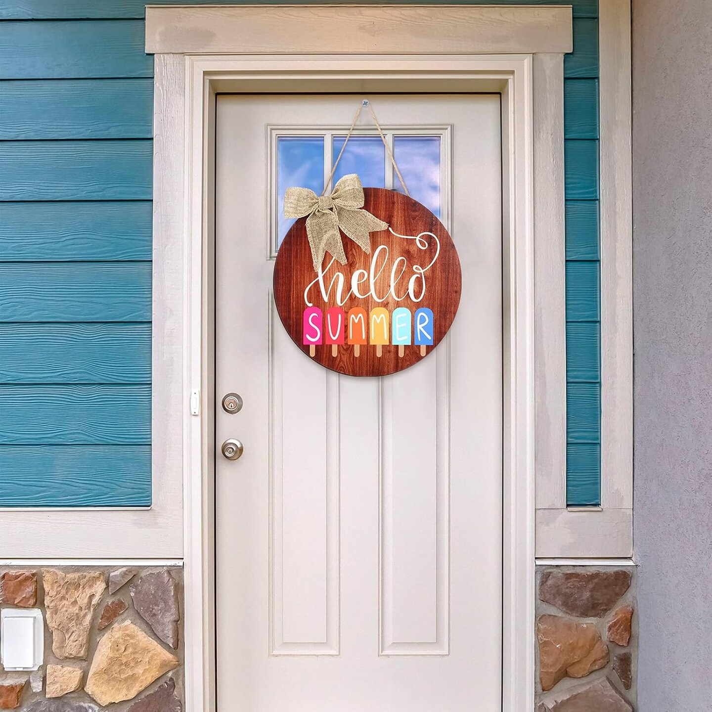 Hello Summer Sign 12 x 12 Inch Summer Welcome Sign Front Door Decor Farmhouse Porch Decoration Round Wooden Hanging Sign for Home Beach Restaurant Shop