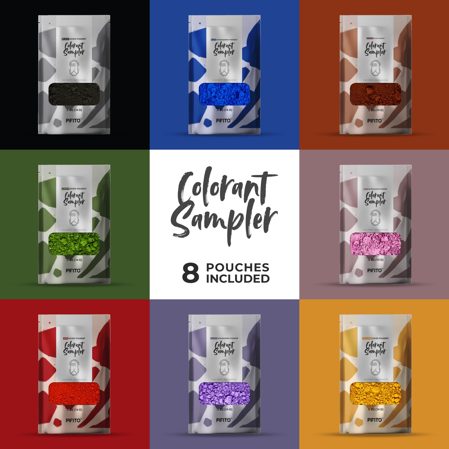 Pifito Oxide Pigment Colorants Sampler &#x2502; 8 Beautiful Colors for Soap Making Supplies, Bath Bombs (.25 oz ea) &#x2502; Red, Blue, Yellow, Pink, Green, Brown, Black, Violet