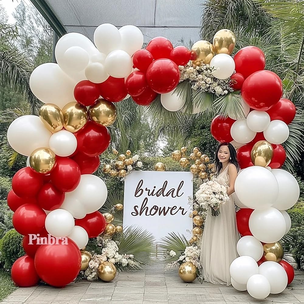 Red White Gold Balloon Arch Double Stuffed Ruby Red White Metallic Gold Balloon Garland Kit