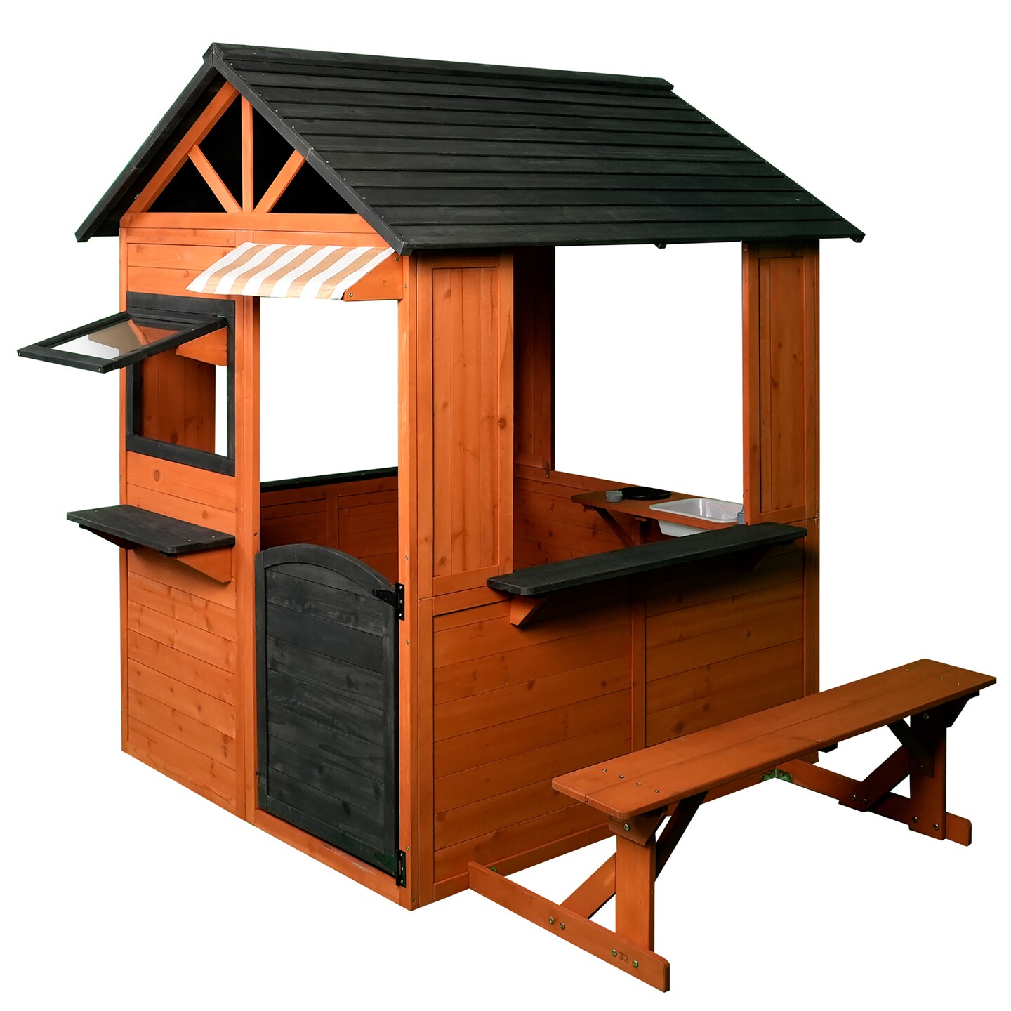Easy Playhouse: Big Outdoor Wooden Playhouse - Working Door &#x26; Windows, Side Serving Station &#x26; Bench, Sink &#x26; Stove, Backyard Creative Toy Home, Kids 3+