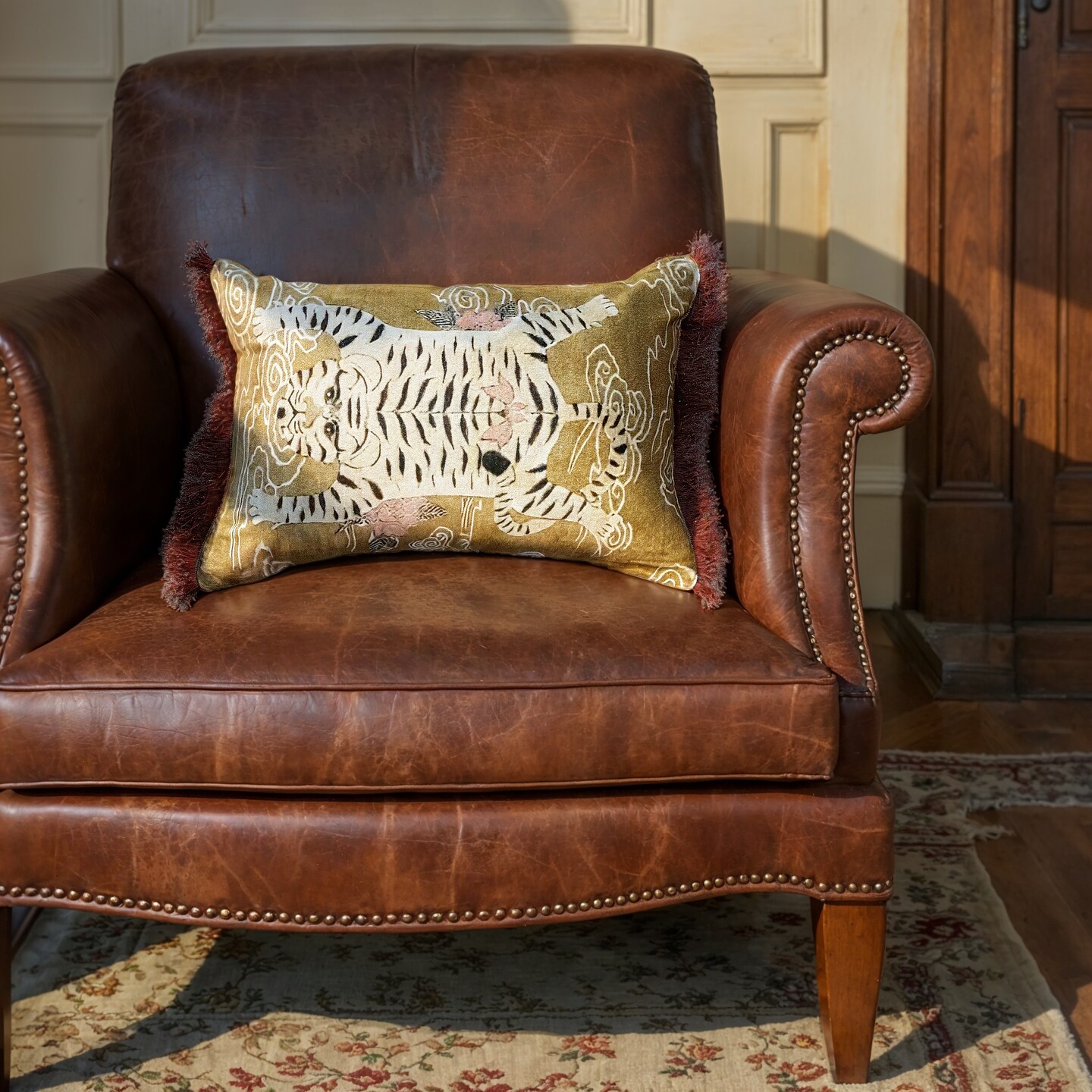 Hello Honey Tibetan Tiger Print Fringe Cotton Velvet Lumbar Pillow, Multicolor Finish