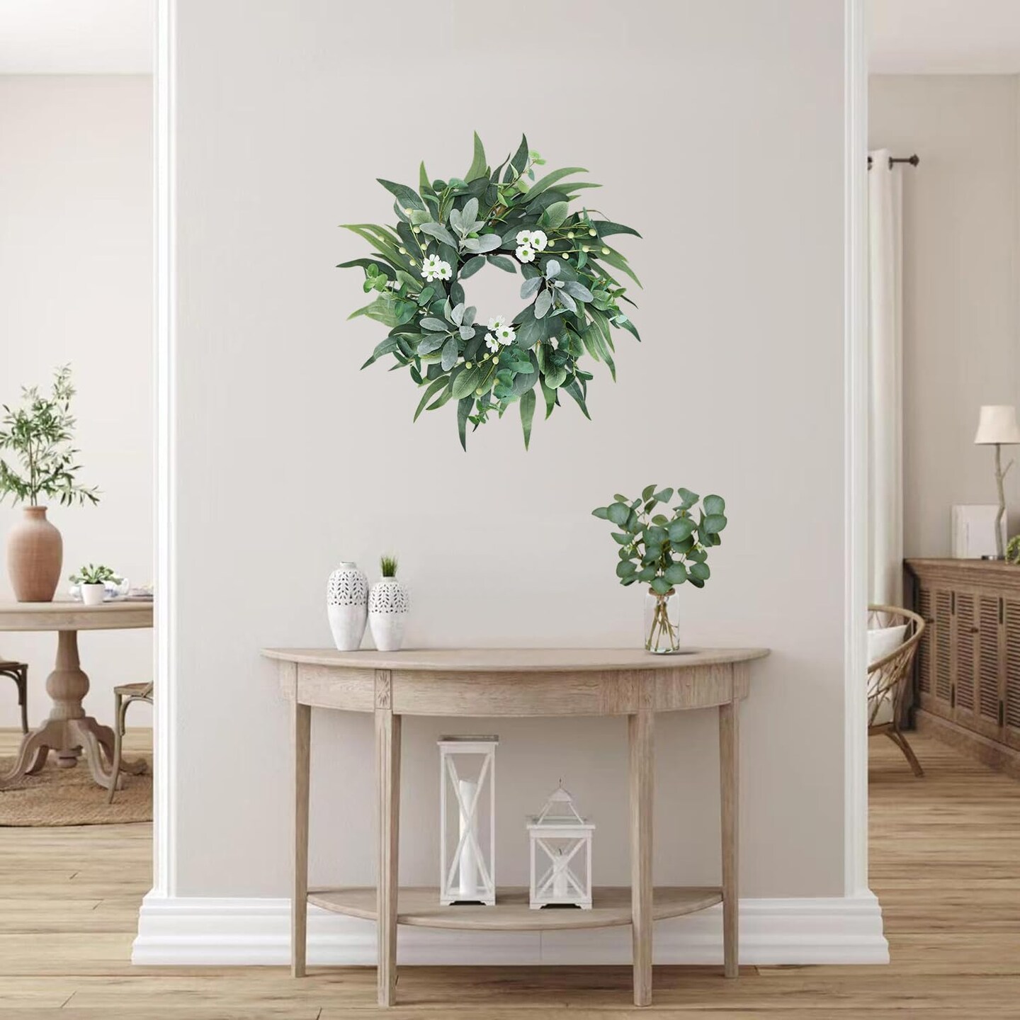 20" Green Eucalyptus Wreath with Lamb’s Ear & White Flowers – Lifelike Farmhouse Front Door, Window, and Porch Decor for Spring, Summer, and Winter