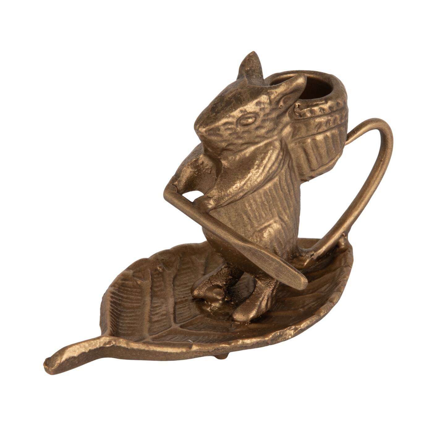 Hello Honey Mouse-on-Leaf Cast Metal Taper Holder, Antique Gold