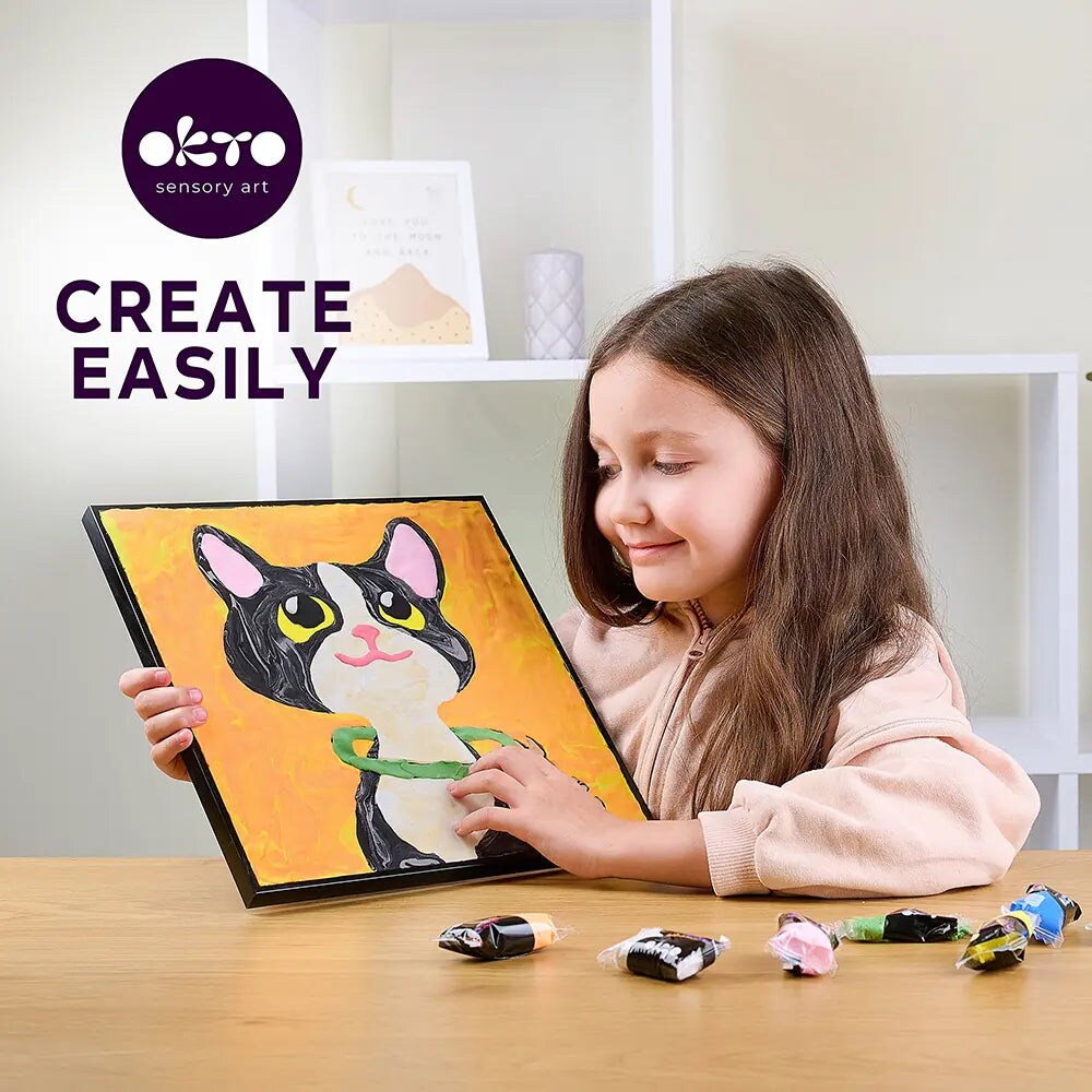 OKTO | DIY 3D Creative Air Dry Clay Kit | Kids Painting by Numbers Coloring Set | CAT | Frame 11.8x11.8 in