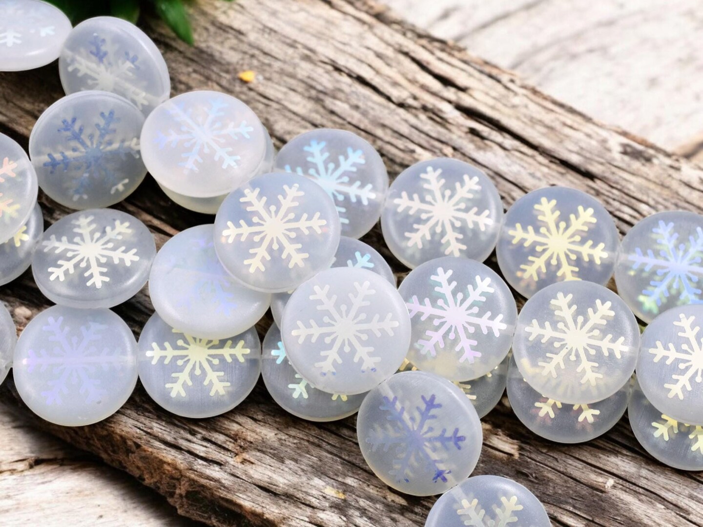 *8* 17mm White Opaline AB Laser Tattoo Snowflakea Coin Beads