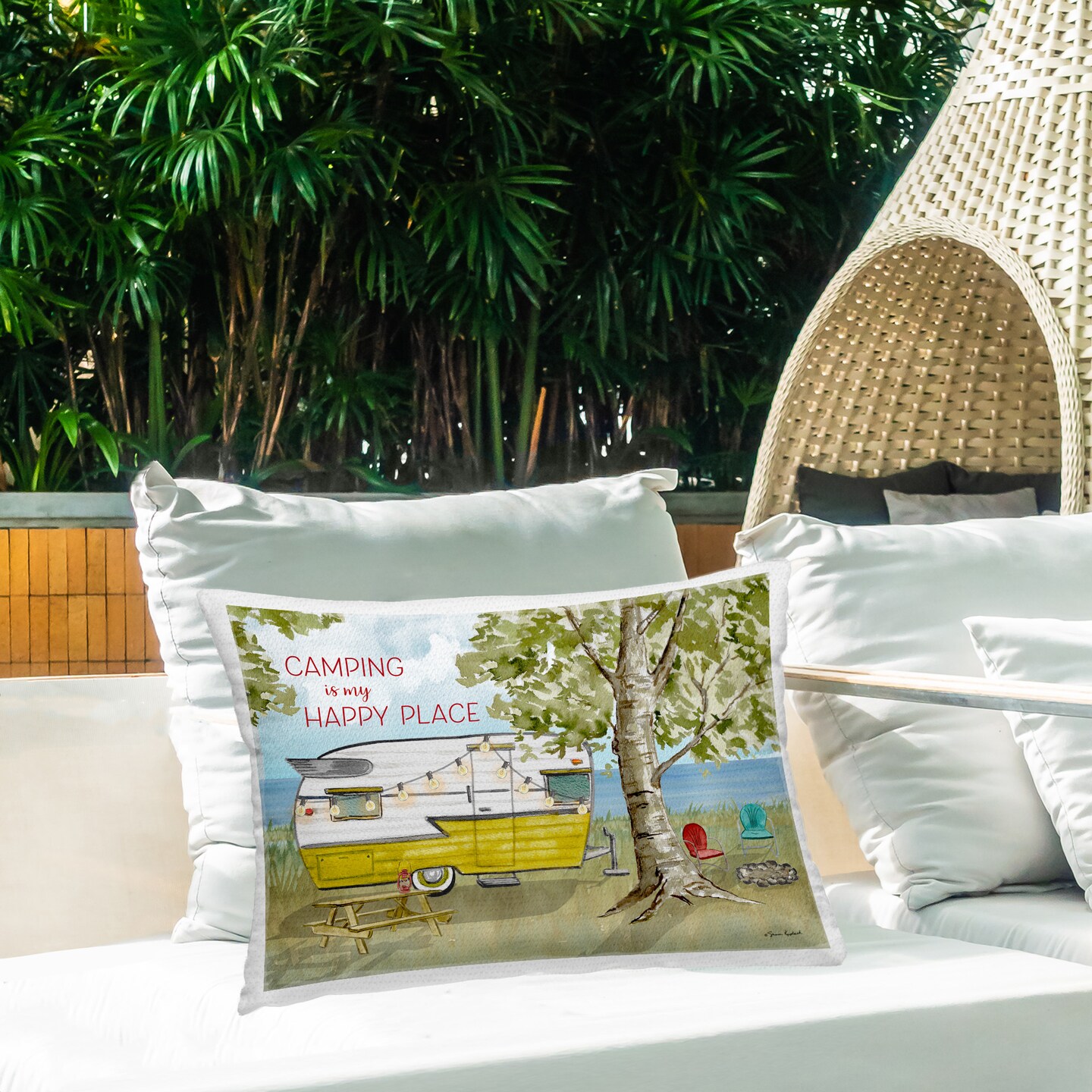 Camping is Happy Place Design by Sharon Kuplack Outdoor Printed Pillow