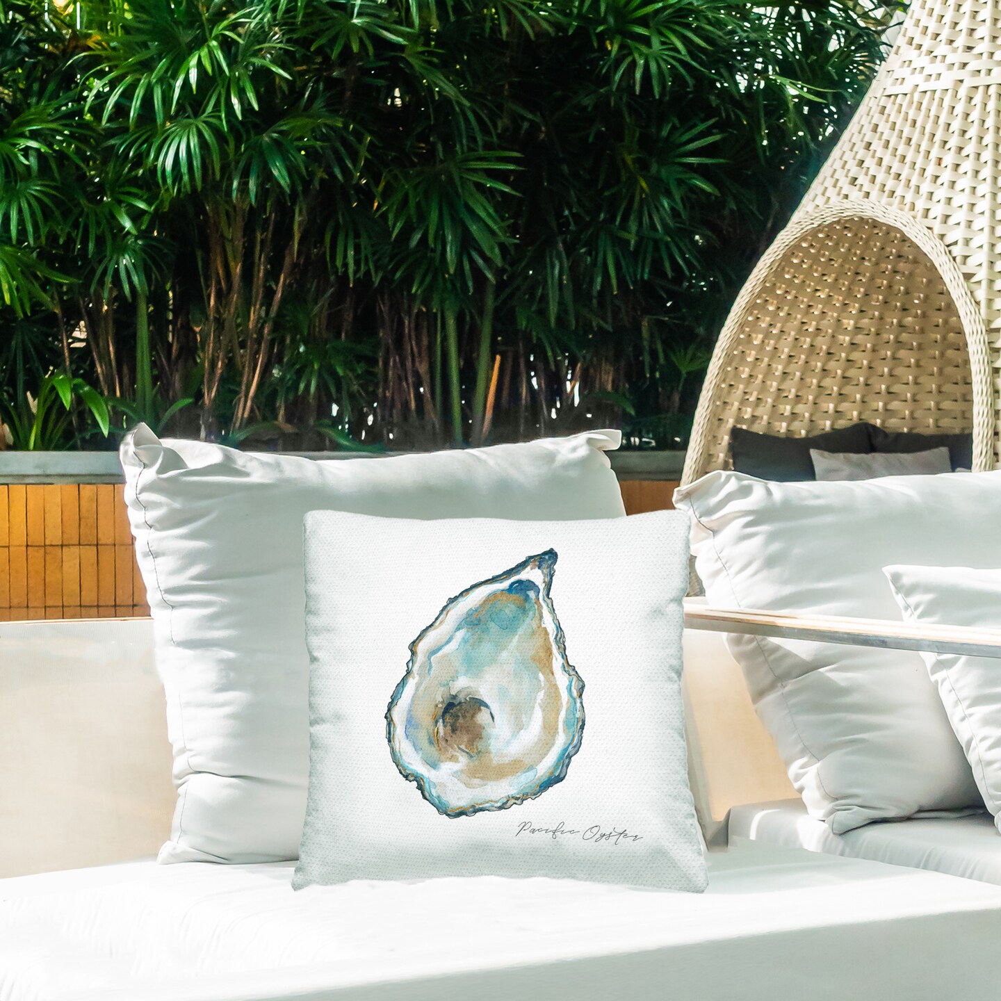 Pacific Oyster on White Outdoor Printed Pillow Design by Carol Robinson, 18 x 7 x 18