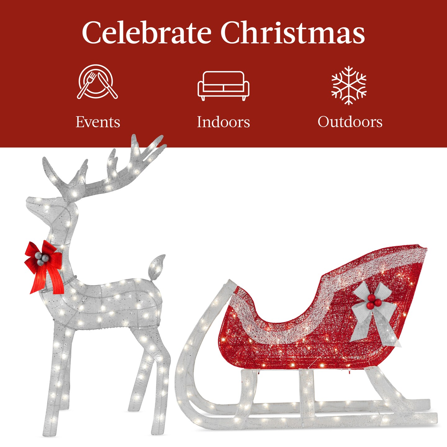 Best Choice Products Lighted Christmas 4ft Reindeer &#x26; Sleigh Outdoor Decor Set w/ 205 LED Lights, Stakes