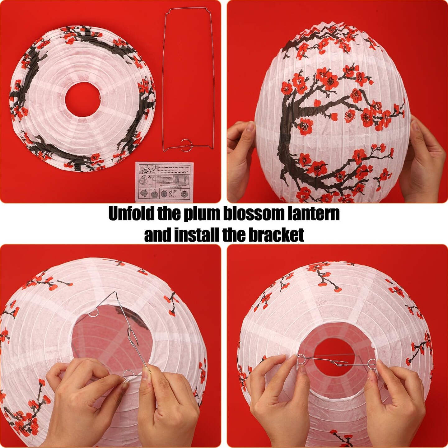 26pcs Chinese Lanterns, Elegant Plum Paper Lanterns Round Chinese Lanterns Spring Festival Lanterns Chinese New Year Lanterns for Spring Festival Decoration Outdoor (2 Types)