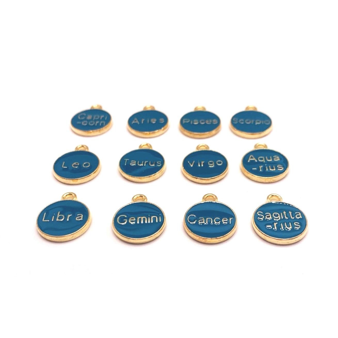12 or 60 Pieces: Aqua Blue Enamel and Gold Zodiac/Astrology Charms, Double Sided