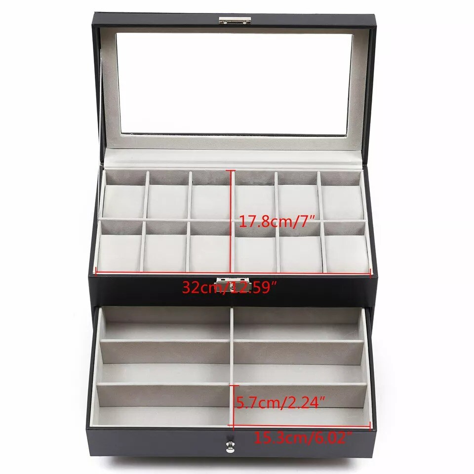 Watch Display Box&Jewelry Storage Case Multi-Purpose Organizer Box w/ Glass Top