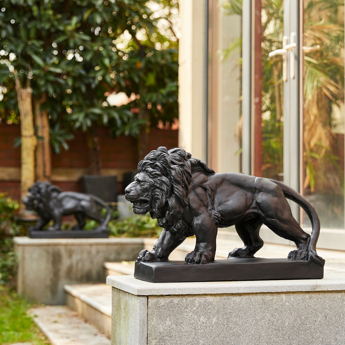 Set of 2 24.5&#x22;L MGO Bronze/Black Walking Lion Garden Statue