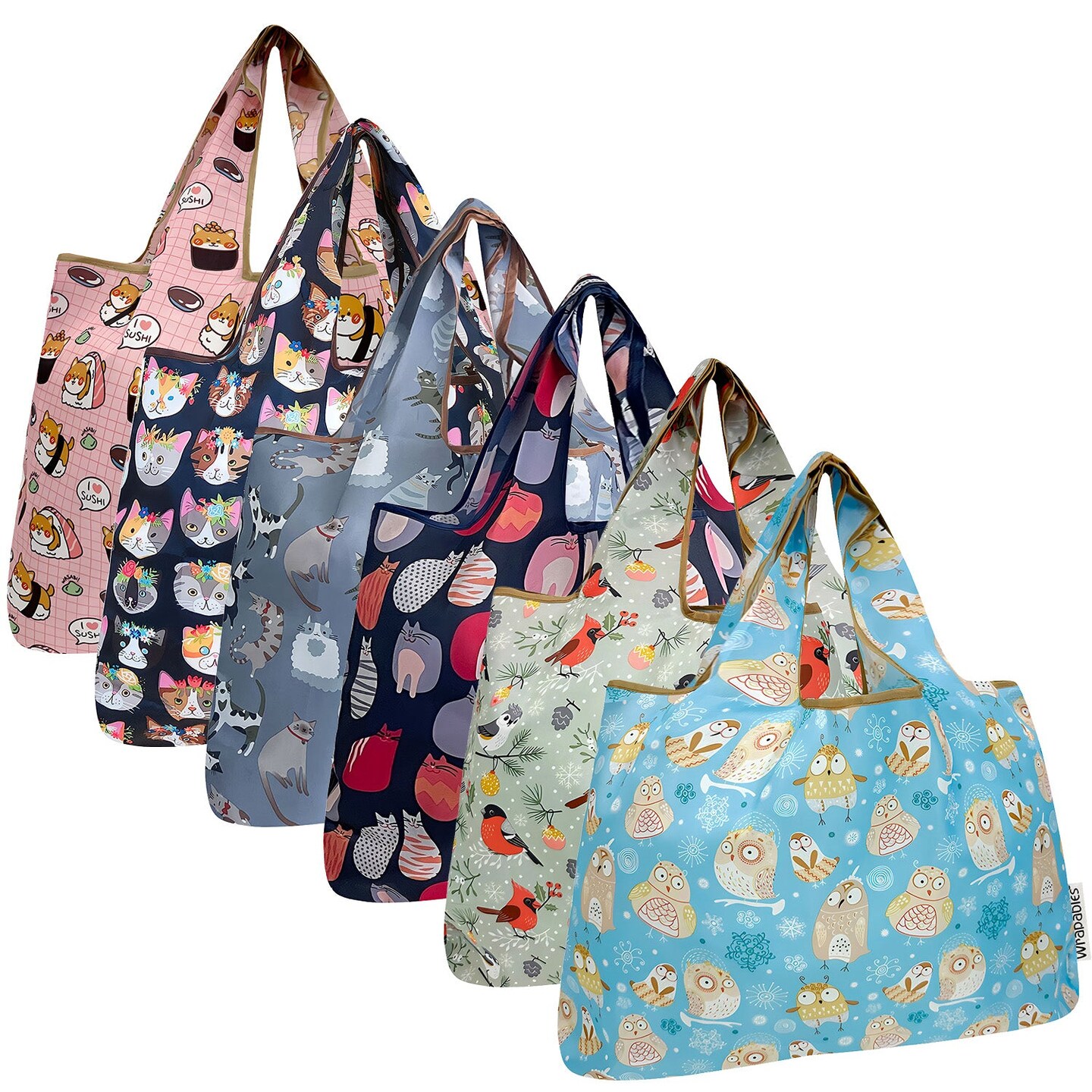 Wrapables Large Foldable Tote Nylon Reusable Grocery Bags, 6 Pack, Cozy Critters