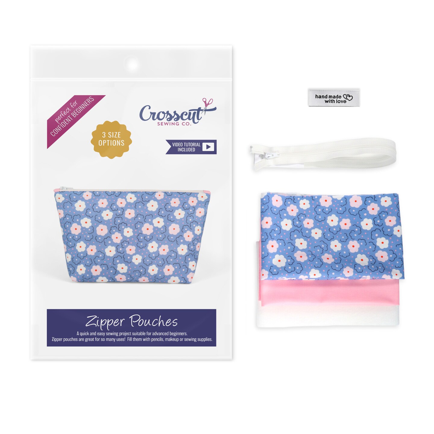Crosscut Sewing Co.® Zipper Pouch Sewing Project Kit for Beginners with Fabric, Instructions and Video
