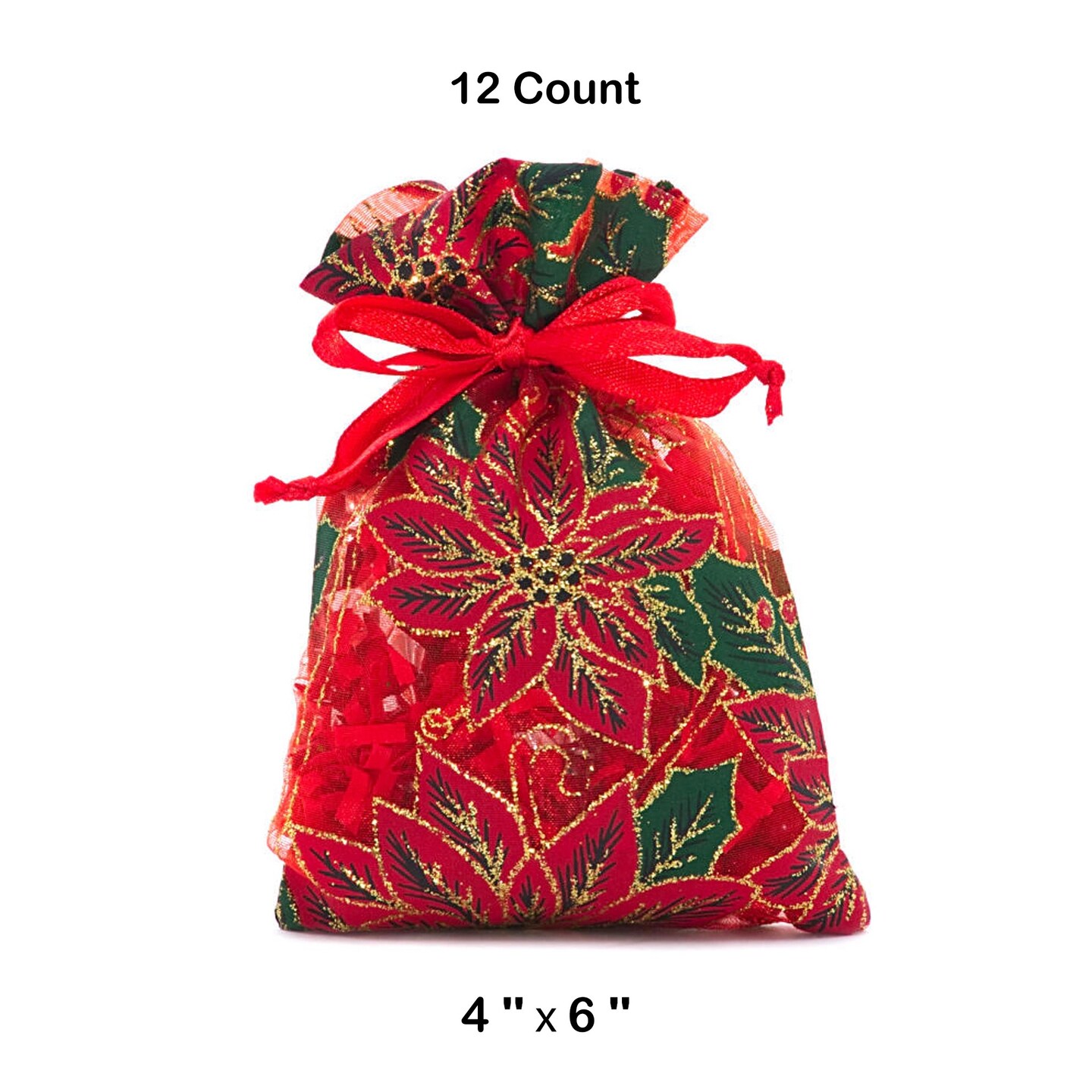 Red Poinsettias Sheer Fabric Bag 4&#x201D; x 6&#x201D; for Holiday Gifts