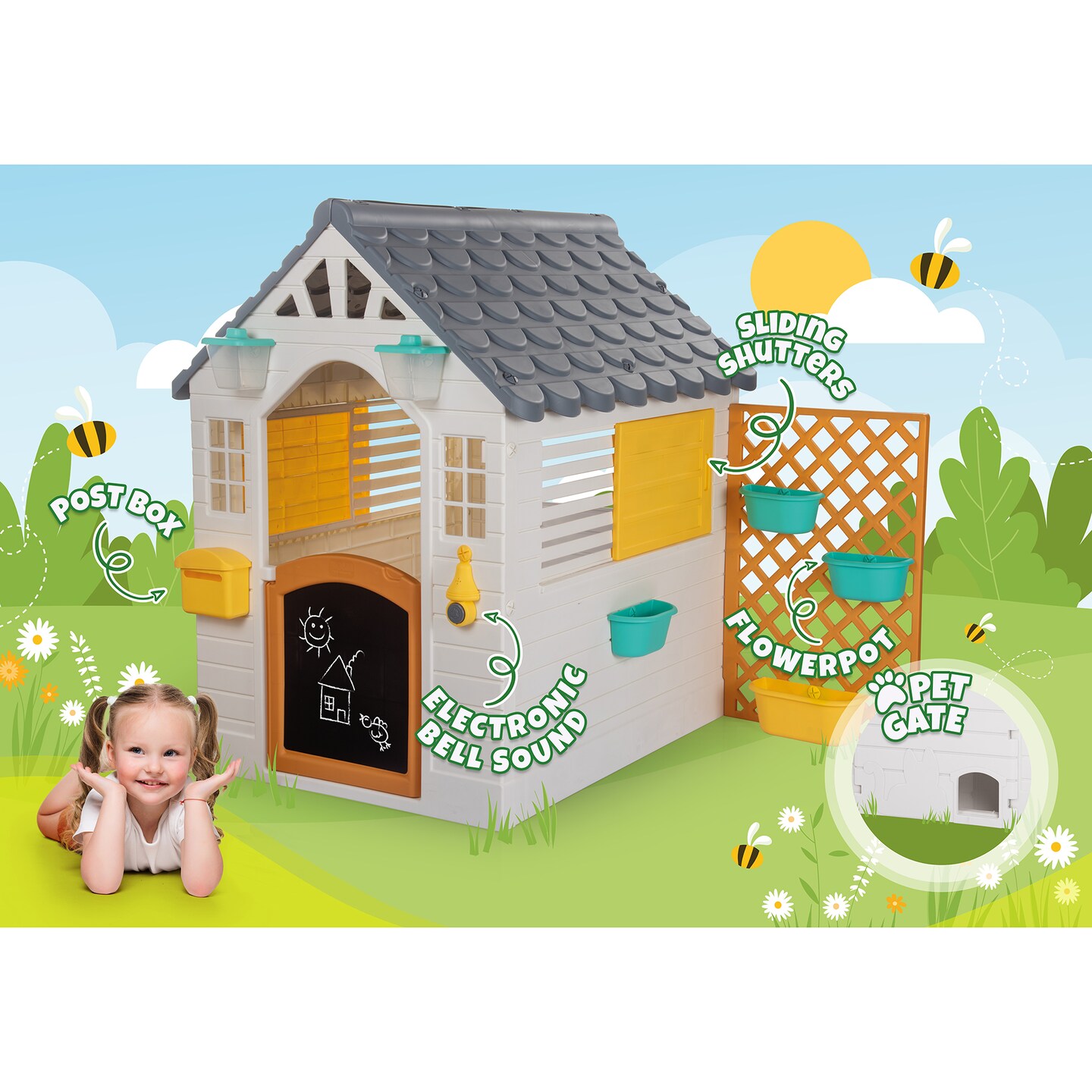 Dolu: Garden Playhouse With Fence - White-Grey-Yellow - Outdoor-Indoor Toy, Chalkboard Door, Durable Charming Design, Easy Assembly, Kids-Toddlers 2+