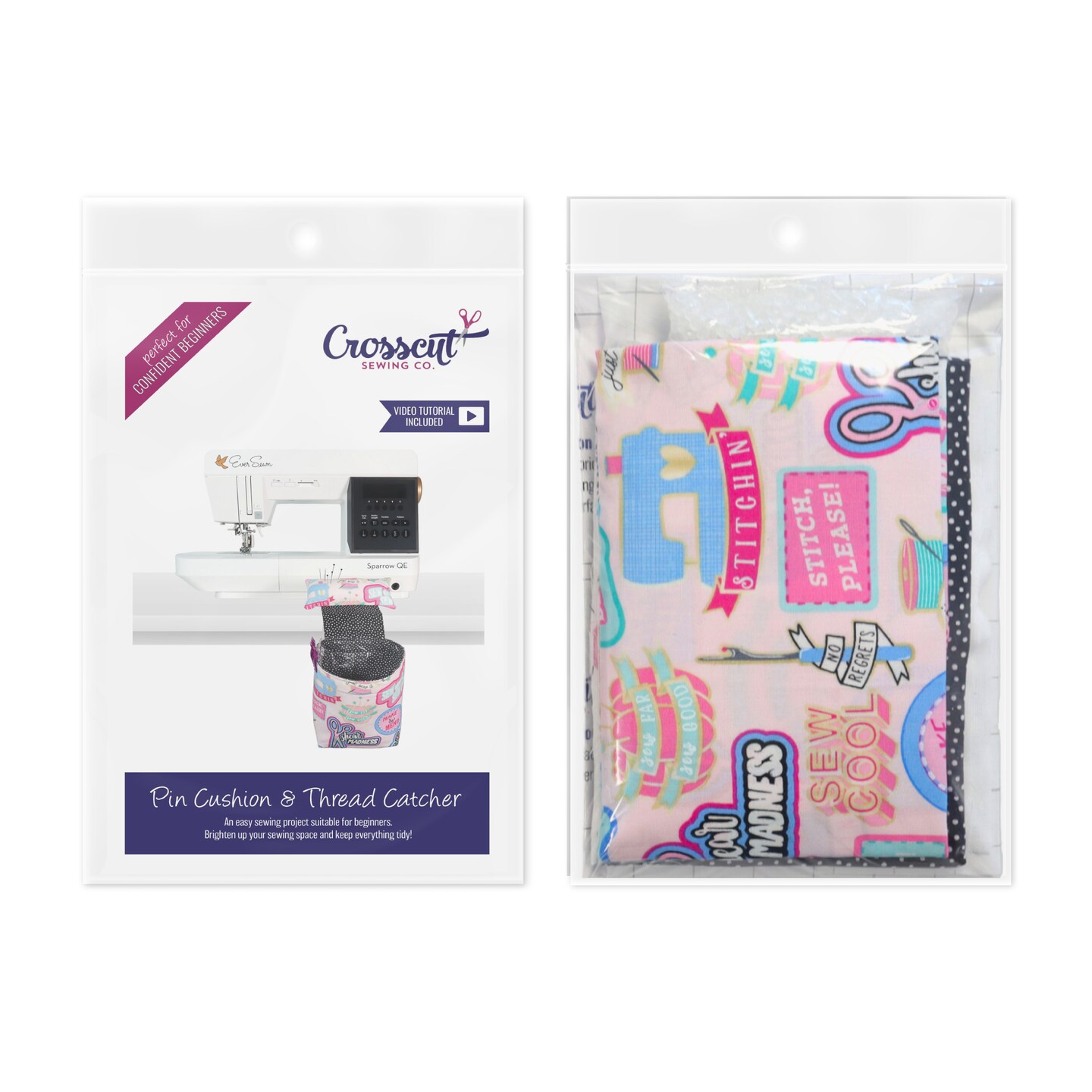 Crosscut Sewing Co.® Pin Cushion & Thread Catcher Sewing Project Kit for Beginners with Fabric, Instructions and Video