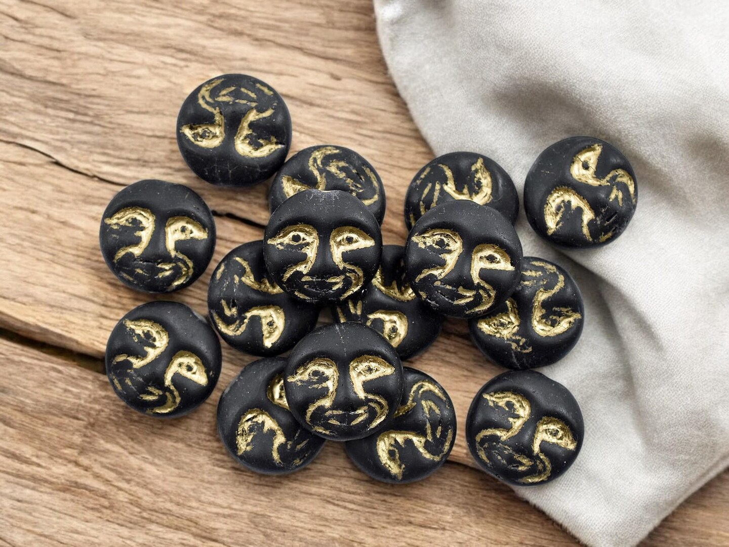 *15* 13mm Gold Washed Matte Jet Black Moon Face Coin Beads