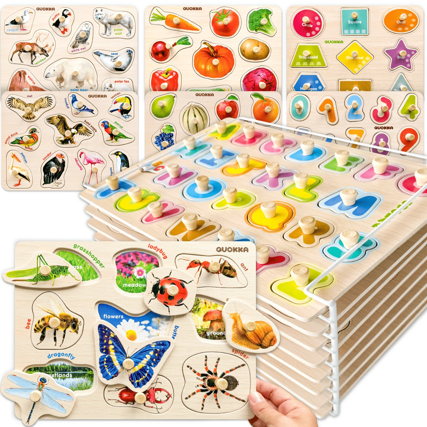 8 Pack Rack Wooden Puzzles for Toddlers| ABC, Numbers &#x26; Animals