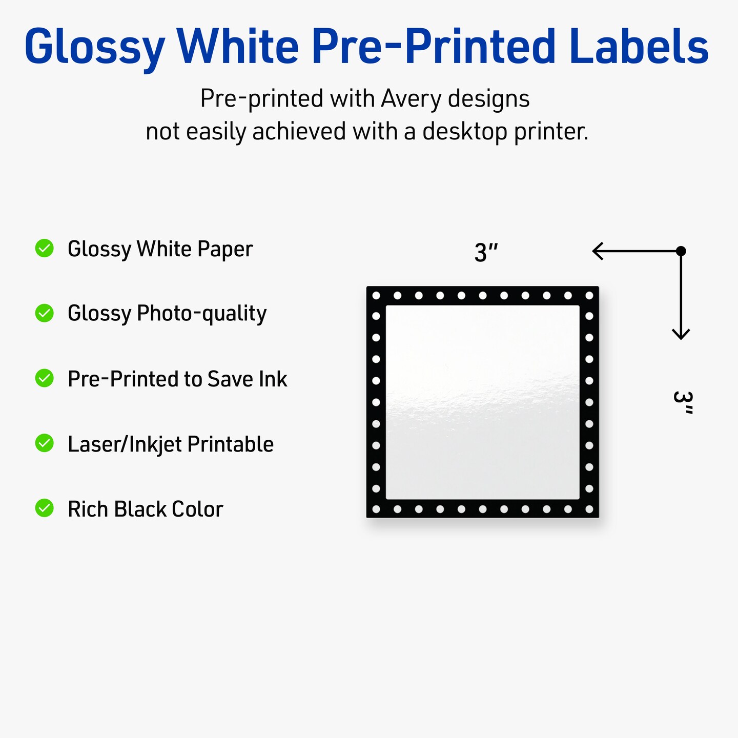 Avery Printable Square Labels, Black and White Polka Dots, 3&#x22; x 3&#x22;, Glossy White Square Labels, Permanent, Laser/Inkjet, 60ct, Great for Product Labels