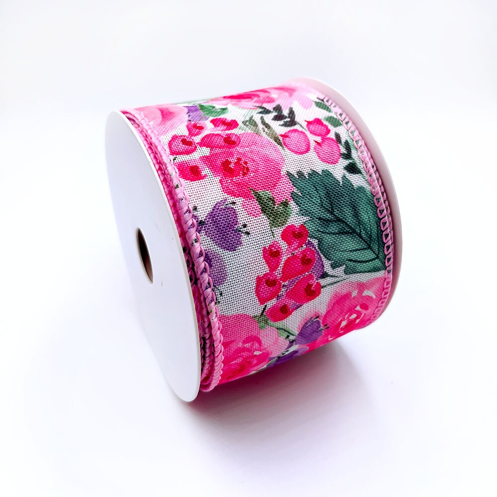 Designer&#x27;s Shop WR 63-5200 Spring Summer Pink Rose, Red / Purple small floral and green leaf on white burlap wired edge ribbons, 2.5&#x22; x 10 yards