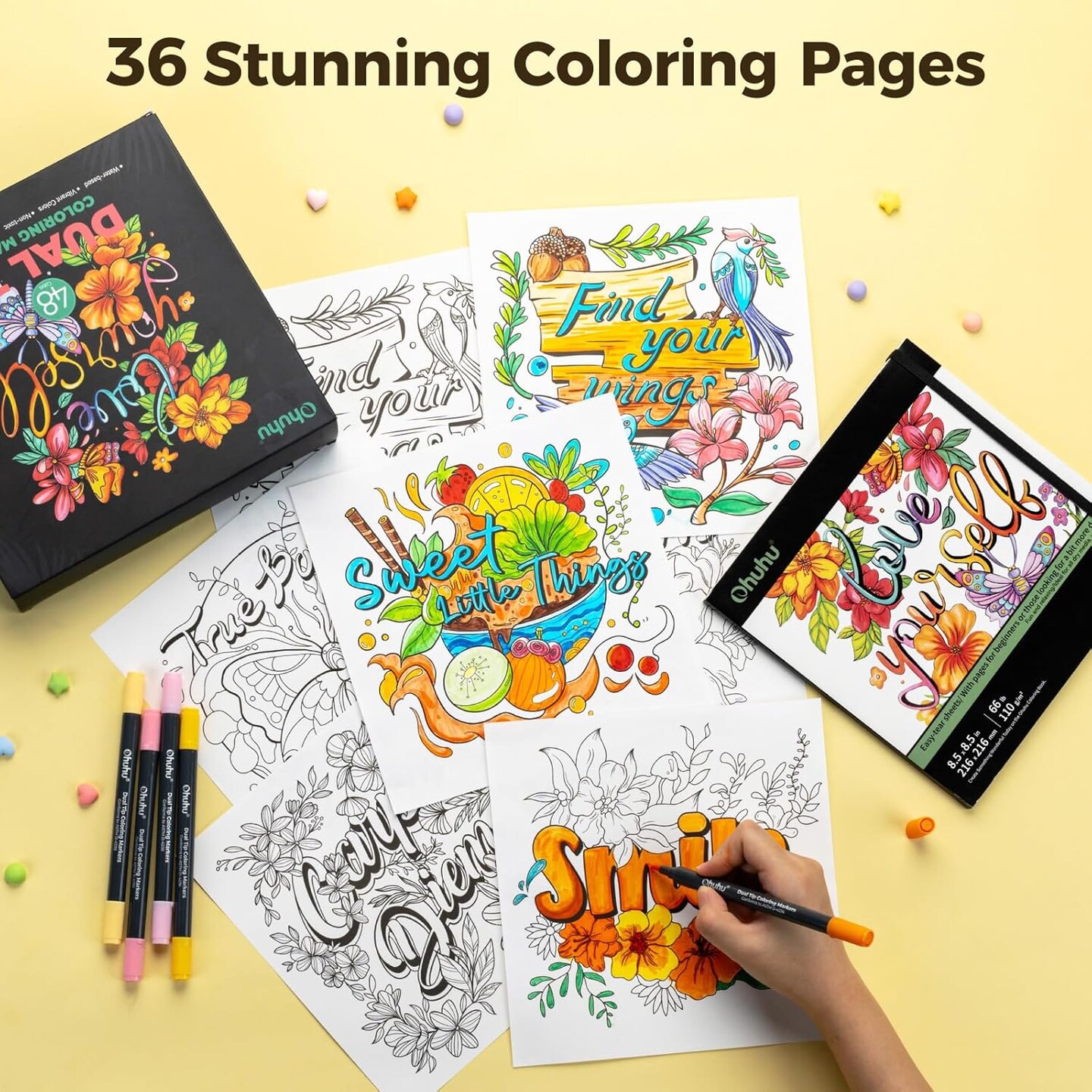 Ohuhu Markers Brush Tip 48-colors with 36-sheet Stress-Relief Coloring Book - Dual Tipped Markers for Adults Coloring Books - Art Marker Set Bundles with 100% Bleed-proof Coloring Pages - Fine &#x26; Brush