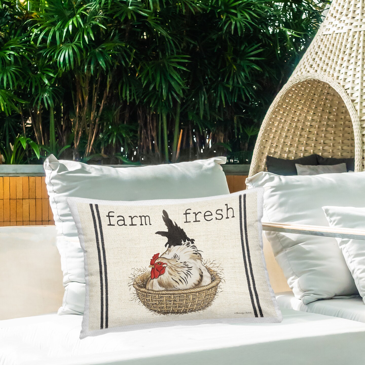 Farm Hen in Basket Design by Gwendolyn Babbitt Holstein Outdoor Printed Pillow