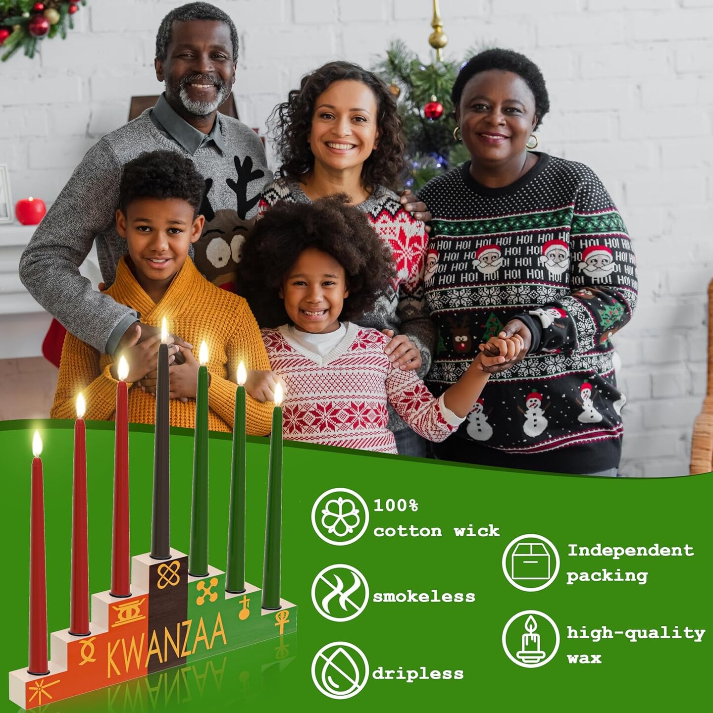 Kwanzaa Kinara Set Kwanzaa Candle Holder with Dripless Taper Candles Set 3 Red 3 Green 1 Black Double Sided Wooden Kwanzaa Celebration Decorations Kwanzaa Candle Holders for Table -Trapezoid