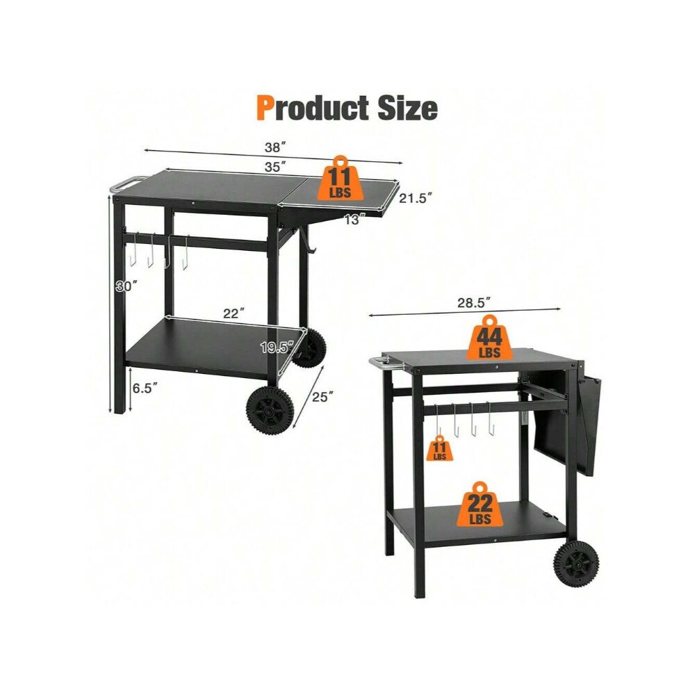 Black Movable Outdoor Grill Cart with Folding Tabletop and Hooks