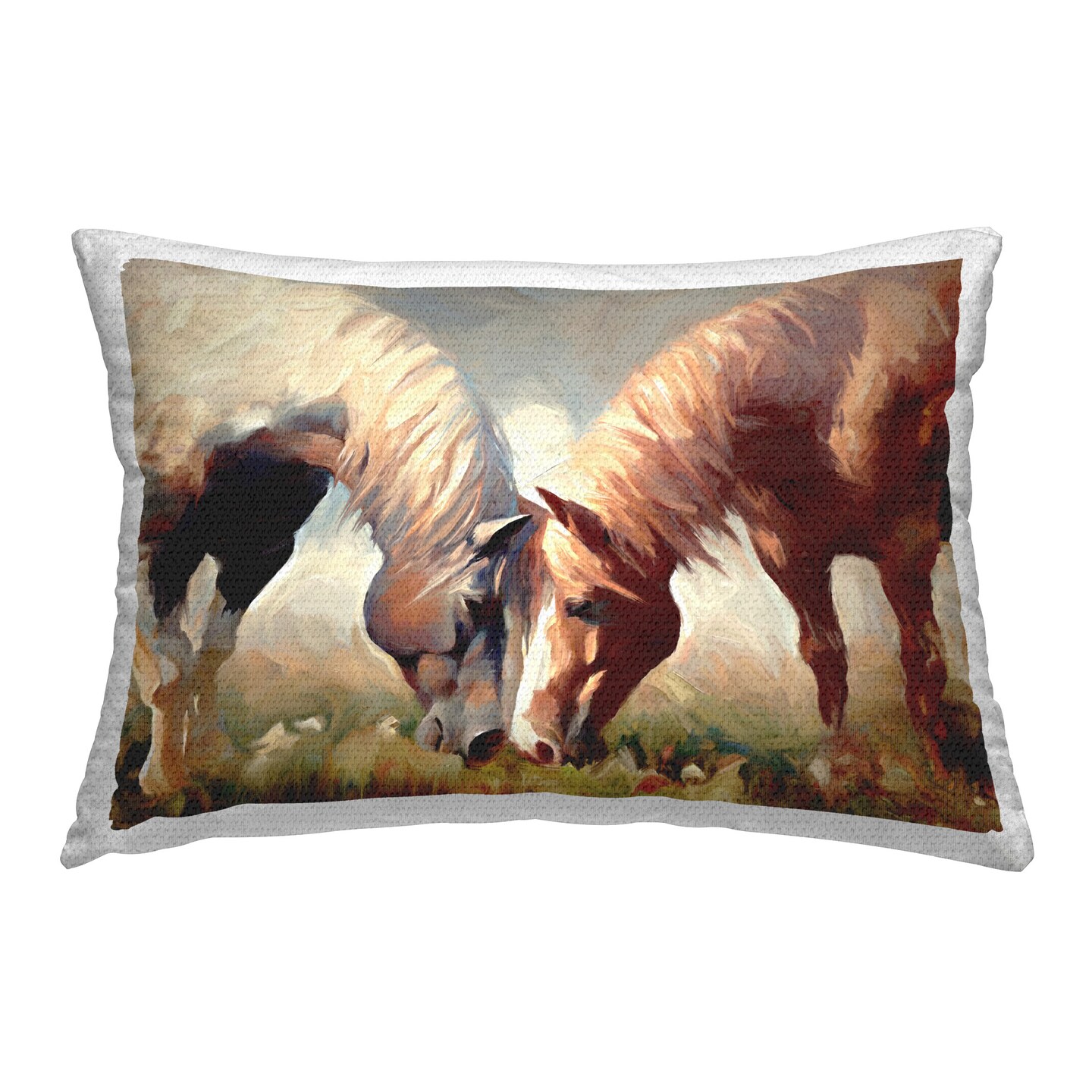 Horses Feeding Portrait Design by Ramona Murdock Outdoor Printed Pillow