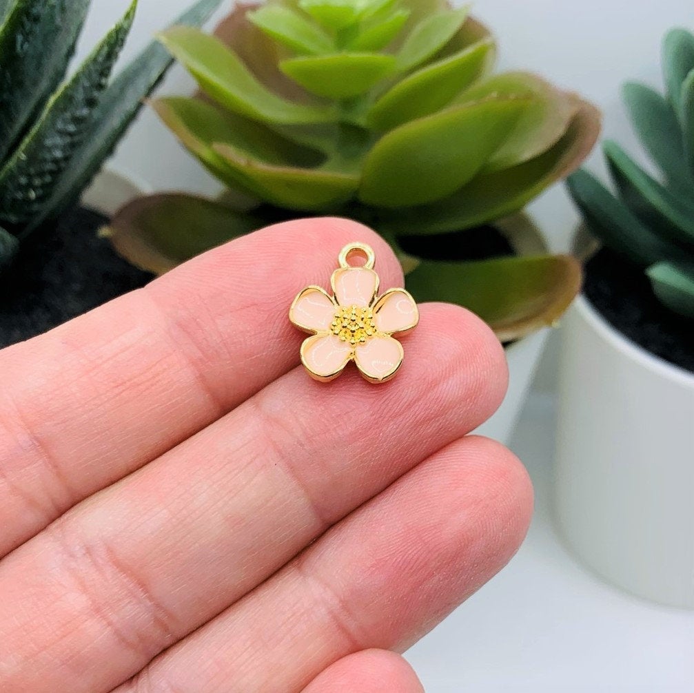 4, 20 or 50 Pieces: Light Pink and Gold Flower Charms