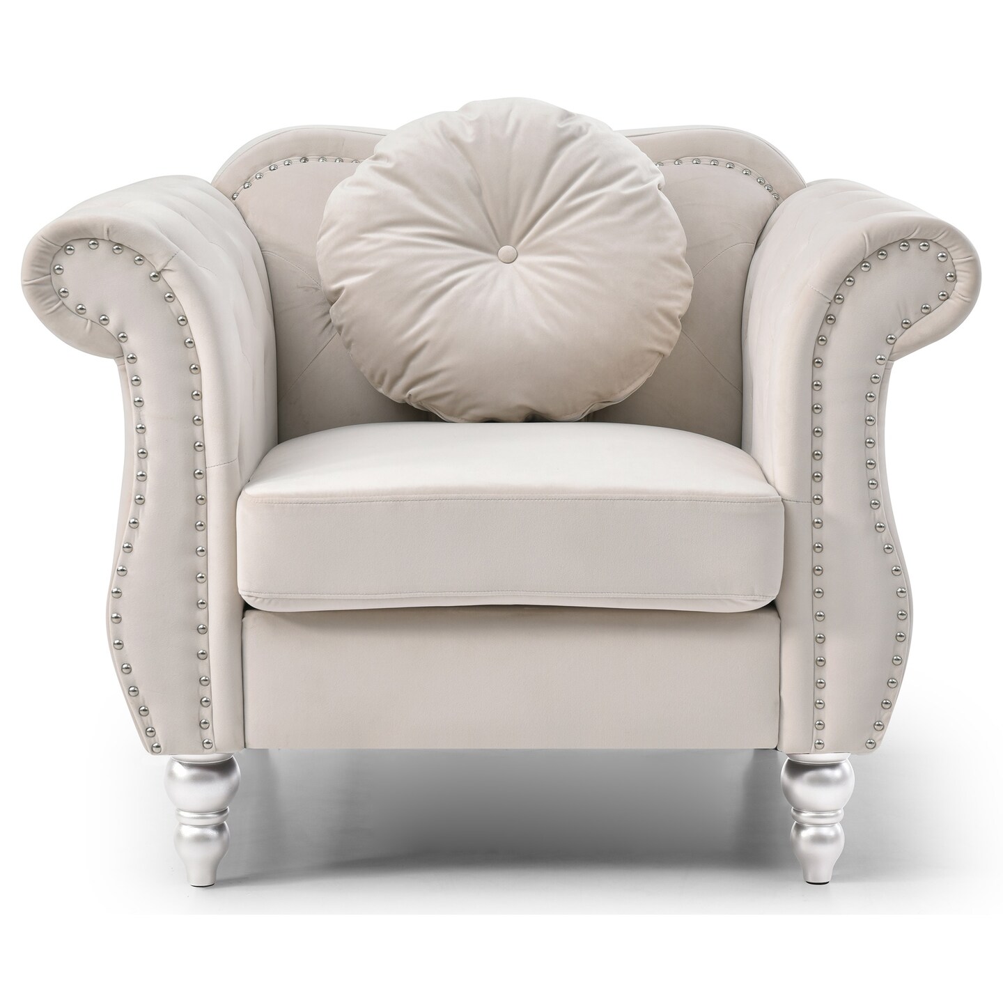 Contemporary Home Living Velvet Tufted Accent Chair with Round Pillow - 39&#x22; - Beige