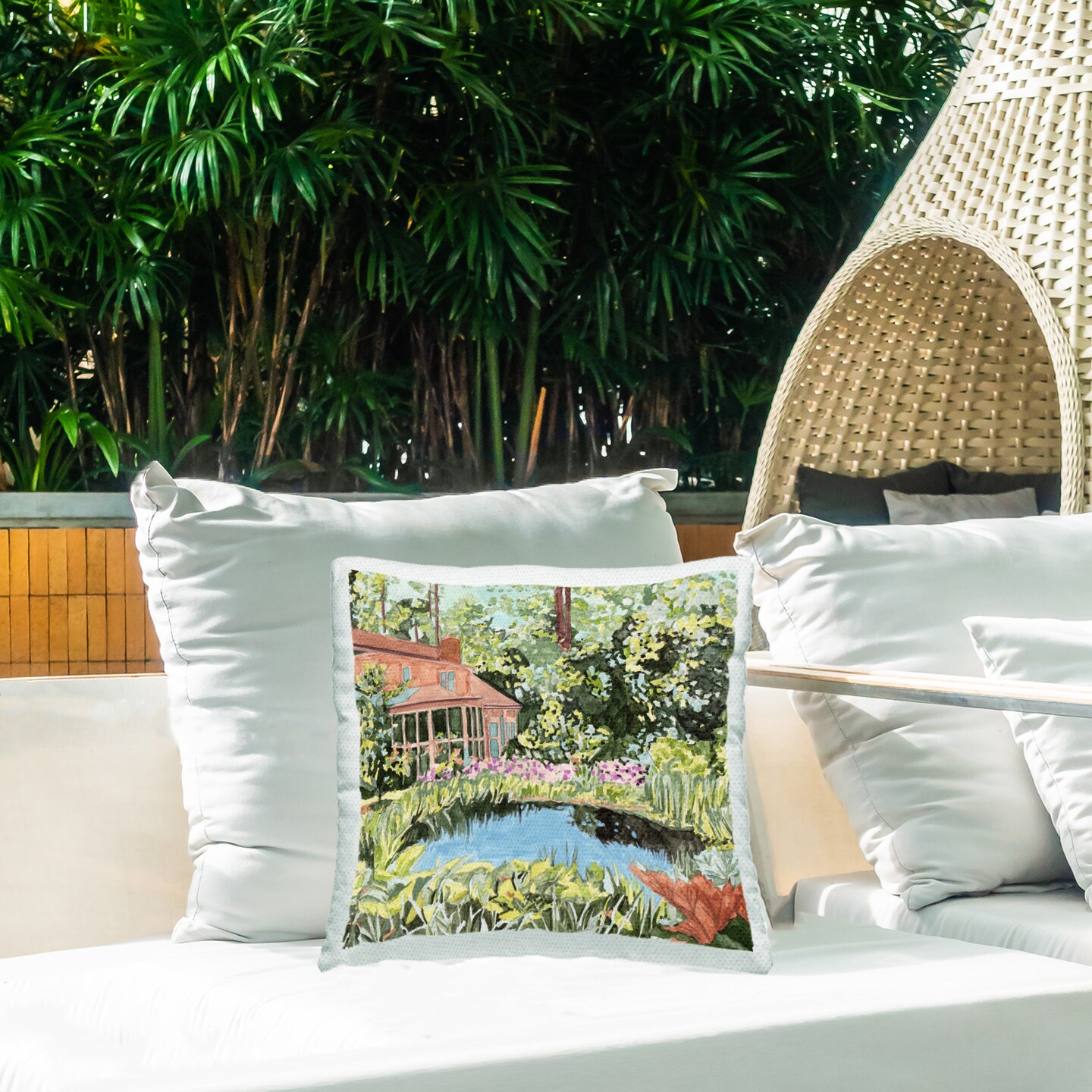 Cottage with Garden Pond Design by Melissa Wang Outdoor Printed Pillow