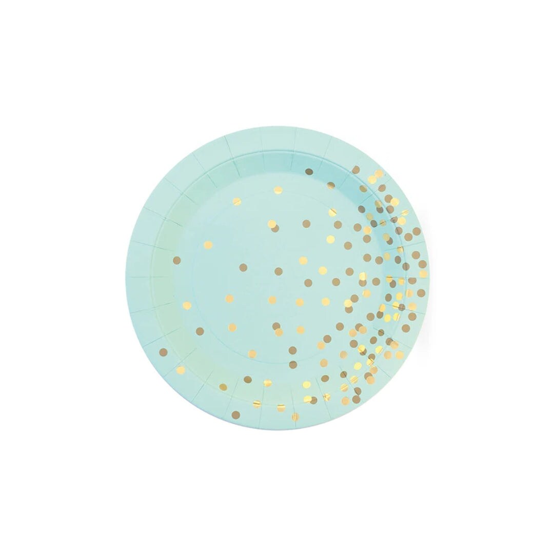 Paper Eskimo Mint Green & Gold Confetti Dessert Plates – 7" Durable Party Plates for Weddings, Birthdays & Celebrations – 12 Pack