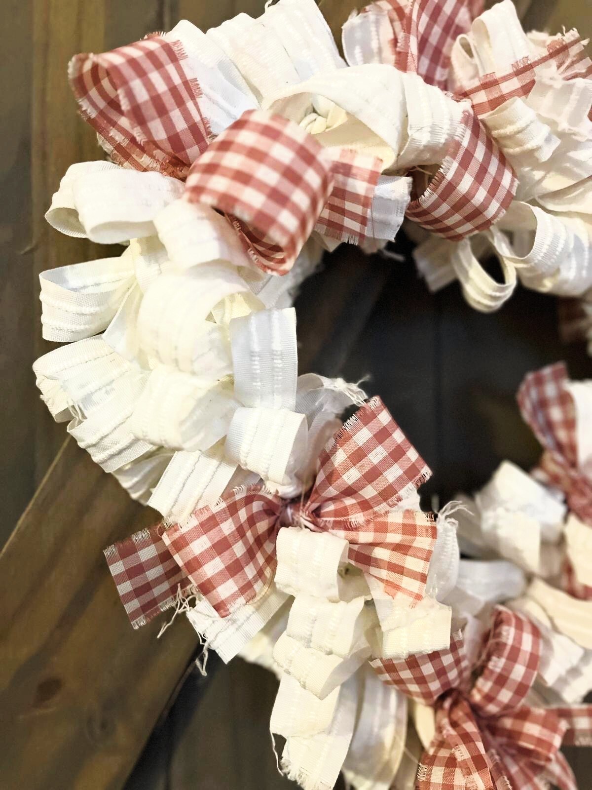 Shabby Chic Heart Rag Wreath Mauve Gingham Art Deco Canvas Vintage Farmhouse Love Nursery Unique Country Cottage Stylish Wreath Handmade product 3